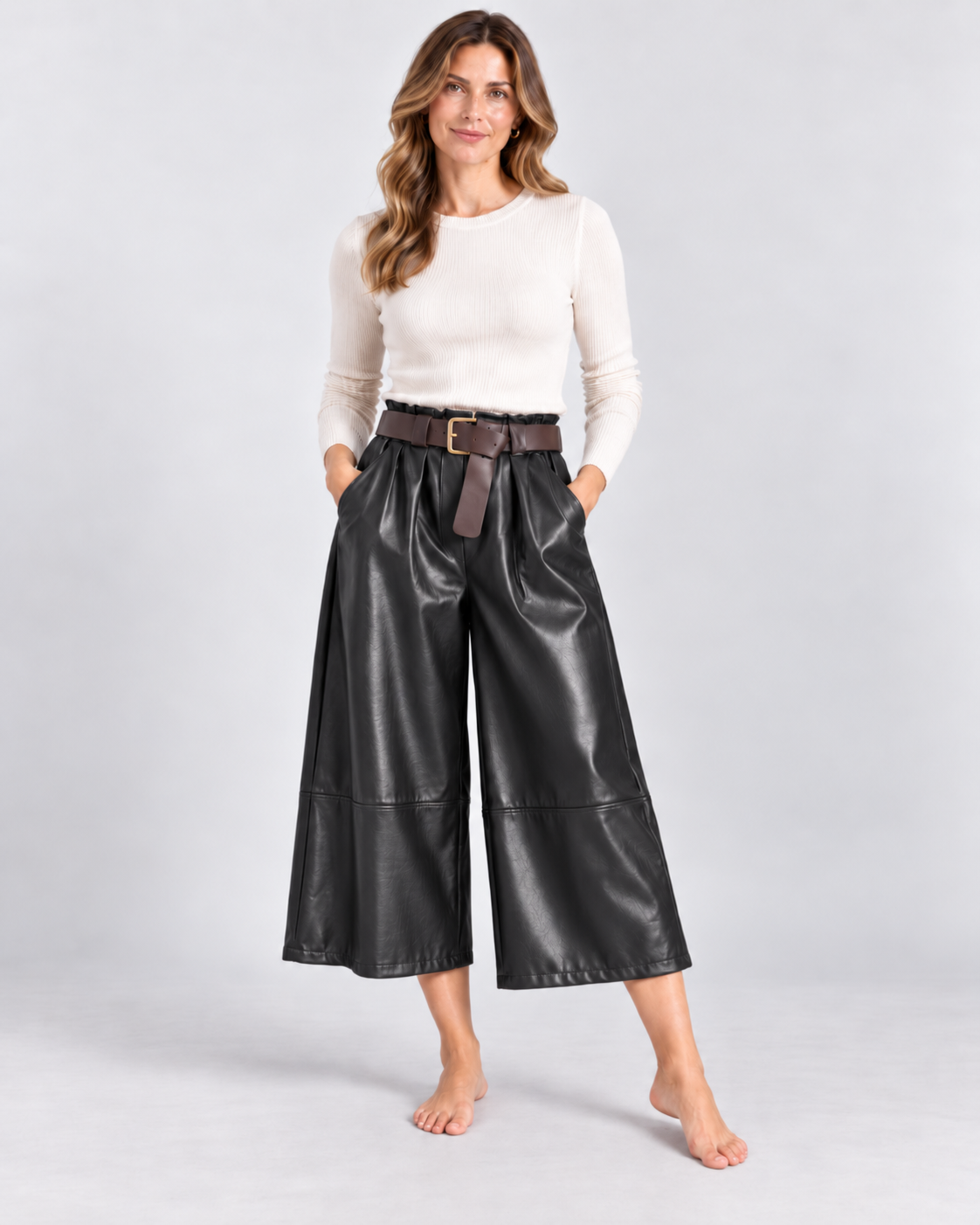 Leatherlook Cropped Wide-Leg Pants